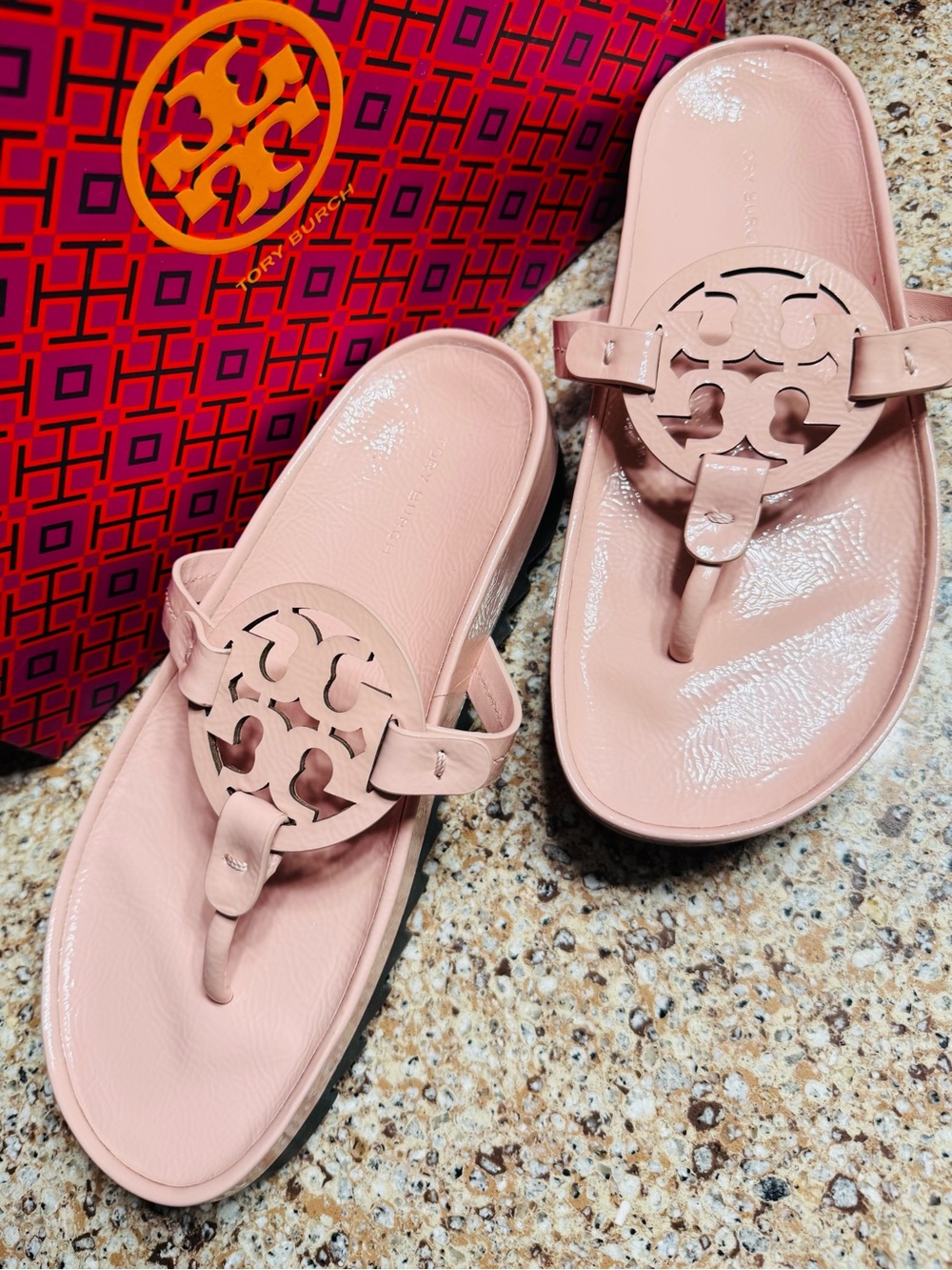 NWOT Tory Burch Miller Cloud Lug Sole Blush Pink Patent Leather Sandals size 7.5